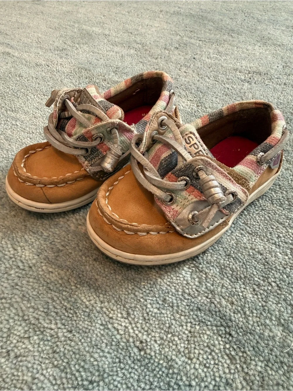 Sperry Kids Tan Leather Boat Shoes with Multi-Color Stripe Accents